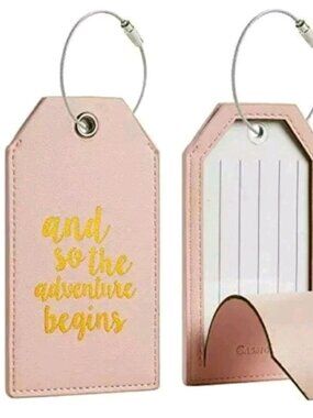 NEW Light Pink PU Leather AND SO THE ADVENTURE BEGINS Privacy Luggage Tags x 2